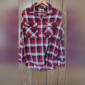 Old Navy Womens L The Boyfriend Shirt Red White Plaid Flannel Button Up Tunic